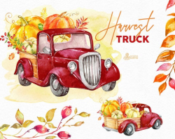 Harvest Truck. Watercolor autumn clipart, pumpkins, car, vintage, farm,  fall, burgundy, halloween, country, floral, leaf, cards, png, red