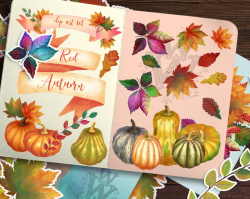 Autumn foliage Leaves and Pumpkin clipart, Fall leaf clip art, Thanksgiving  harvest wreath digital download, seasonal planner banner png