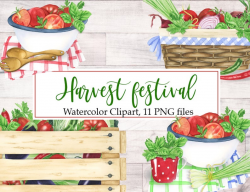Harvest Watercolor Clipart, Vegetables Clipart, Tomatoes, Eggplants,  Onions, Kitchen Clipart, Wooden box, Bowl, Basket