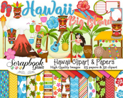 HAWAII Clipart and Papers Kit, 32 png Clip arts, 23 jpeg Papers Instant  Download maui tropical beach ocean sea tiki volcano guitar alcohol