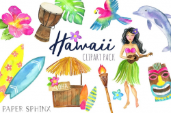 Watercolor Hawaii Clipart - Tropical Island - Summer Clipart - Luau, Aloha,  Tiki, Printable Digital Scrapbook Clip Art