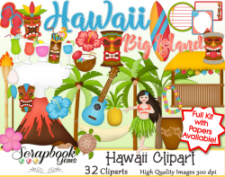 HAWAII Clipart, 32 png Clipart files Instant Download tags volcano maui  oaho tropical beach sea ocean water tiki totem lei guitar torch surf