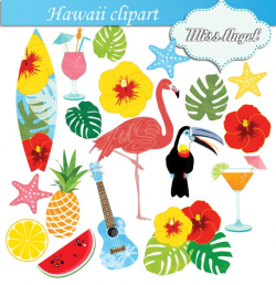 Hawaii Clipart Flamingo, Hawaiian Summer Beach Clip Art. Flamingo, toucan,  surfboard, Hibiscus, Monstera, drink, fruit. Hawaii party Luau