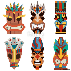 Tiki mask vector set of cut wooden hawaiian and polynesian ...