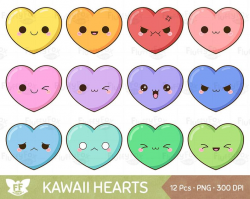 Kawaii Heart Clipart, Cute Hearts Clip Art Valentine Love Funny Happy Face  Pastel Color Rainbow Emoji Expression, Commercial Use