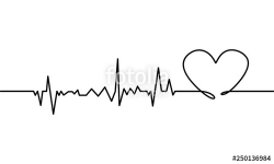 Continuous line drawing of heart with heartbeat on Black and ...