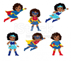 African American Cute superhero girl vector clip art set ...