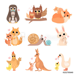 Cute Animal Families Set, Penguin, Owl, Squirrel, Fox, Snail ...