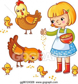 Vector Illustration - Girl feeding hens and chickens. Stock ...
