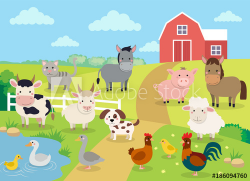 Farm animals with landscape - cow, pig, sheep, horse ...