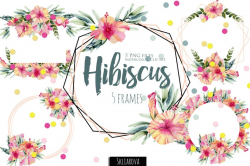 Hibiscus frames clip art Watercolor clipart Summer pink flowers Floral  exotic tropical border Hand Painted Wedding wreath Geometric frame