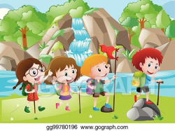 EPS Illustration - Four kids hiking along the river. Vector ...