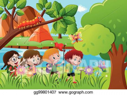 EPS Vector - Kids hiking along the river. Stock Clipart ...