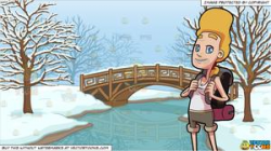 A Woman Looking Ready And Prepared For A Good Hike Up The Mountain and A  Bridge Over A Frozen Stream Background