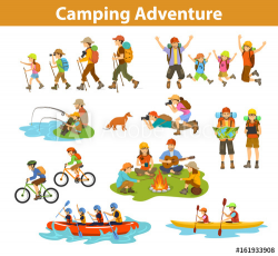 Family, couple, children camping, rafting, hiking, sitting ...