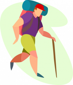 Hiker Hikes Trail with Walking Stick - Vector Image
