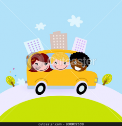 Cute kids in school bus on the hill stock vector