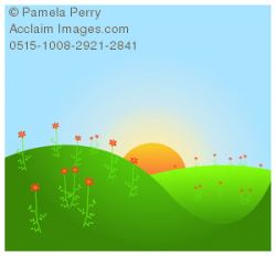 Clip Art Image of Grassy Hills With Trees and Flowers Background