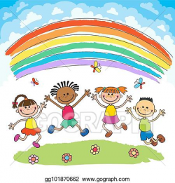 Vector Clipart - Kids jumping with joy on a hill under ...