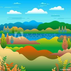 Hills landscape in flat style design. Valley with lake ...