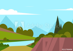 Vector illustration of beautiful landscape fields with river ...