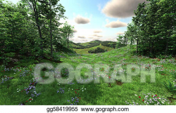 Drawing - Countryside with meadows and hills. Clipart ...