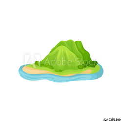Island in blue water with plants and mountain hills covered ...