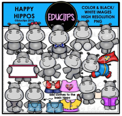 Happy Hippos Clip Art Bundle (Color and B&W)
