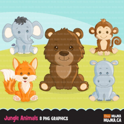 Jungle animals clipart. elephant, fox, monkey, bear and ...