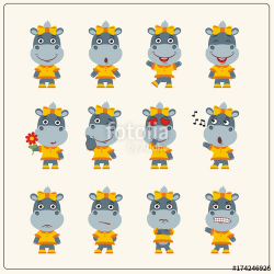 Set of charming little hippo girl in various poses ...