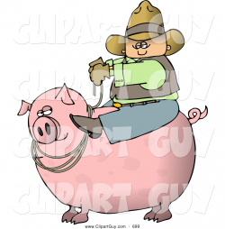 Clip Art of ACowboy Farmer Man Riding a Big Fat Pink Hog Pig ...