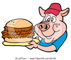 Happy cartoon pig with bbq pork sandwich on a plate ...