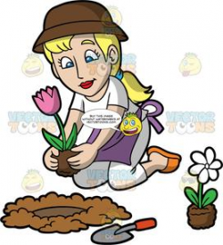A Woman Planting A Flower In A Hole In The Ground