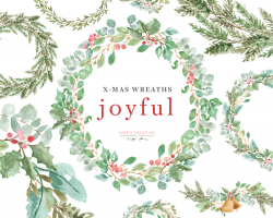 Watercolor Christmas Wreath Clipart, Greenery Holiday Card Borders PNG  Graphics