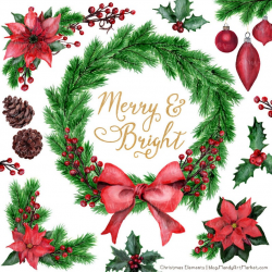 Watercolor Christmas Clipart - Christmas Wreath, Pine Wreath Clipart,  Poinsettia Clipart, Holly Clipart