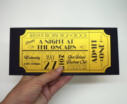 Old Hollywood, Art Deco, Red Carpet, Gold Movie Ticket Prom Invitation