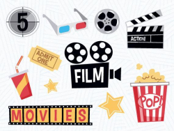 Cinema Clipart Bundle, Hollywood Movie Night, Clip Art for Scrapbook, 3-D  glasses, Popcorn, Movie Elements