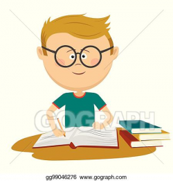 Vector Art - Little nerd boy with glasses doing his homework ...