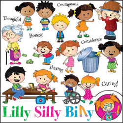 Children's values, Education clipart cute children practicing kindness,  consideration, honesty, helping with disabilites, sharing.