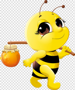 Yellow and black bee holding honey jar illustration, Honey ...