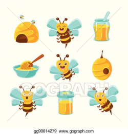 Vector Art - Honey bees, beehives and jars with yellow ...