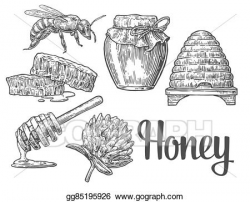 Vector Art - Honey set. jars of honey, bee, hive, clover ...
