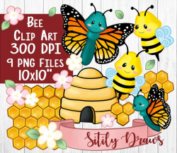 Bee beehive honeycomb butterfly clipart transparent background PNG clip art  digital download hive honeybee monarch art flower
