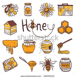 Honey hand drawn decorative icons set with beehive wax cell ...