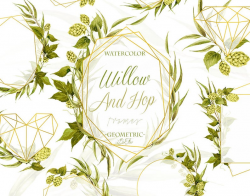 Watercolor Hops Willow Clipart Greenery Vines Clip Art Leaves Illustration  Geometric Hops Wreath Polygonal Crystal Green Gold Leaf Clip Art