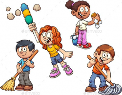 Cartoon kids cleaning up. Vector clip art illustration with ...