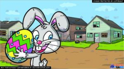 An Easter Bunny Carrying A Colorful Egg and Abandoned Houses Background