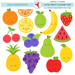Cute Fruit Clipart Set - clip art set of orange, apple, banana, fruit,  healthy, happy - personal use, small commercial use, instant download