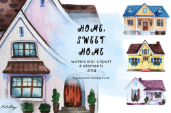 Watercolor Clipart - Houses. Home Sweet Home. Hand painted illustrations,  digital. Real estate, property, dwelling, cosy. Instant download.