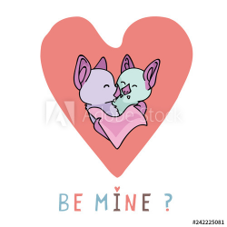 Vector coral bat hug heart with be mine text. Hand drawn ...